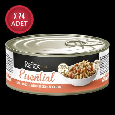 Reflex Plus Essential Et Suyunda Ton Balıklı Tavuklu ve Havuçlu Yetişkin Kedi Konservesi 70gr x 24 Adet