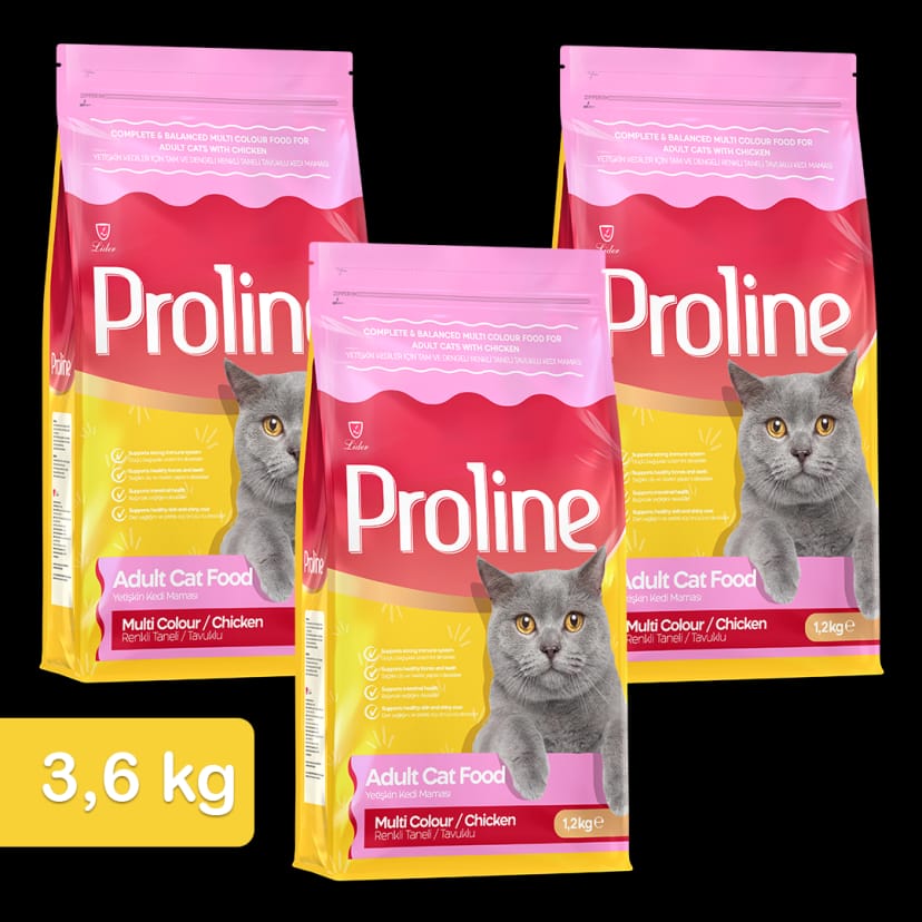Proline Renkli Taneli Tavuklu Yetişkin Kedi Maması 1,2 Kg x 3 Adet