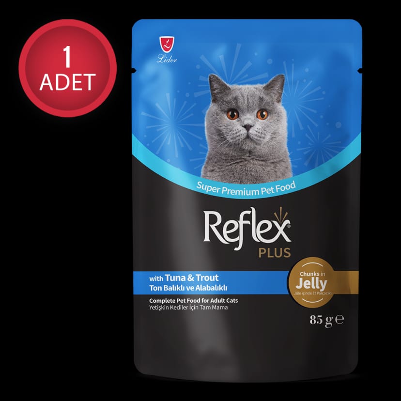 Reflex Plus Jöle İçinde Et Parçacıklı Ton Balıklı & Alabalıklı Yetişkin Kedi Maması 85 g