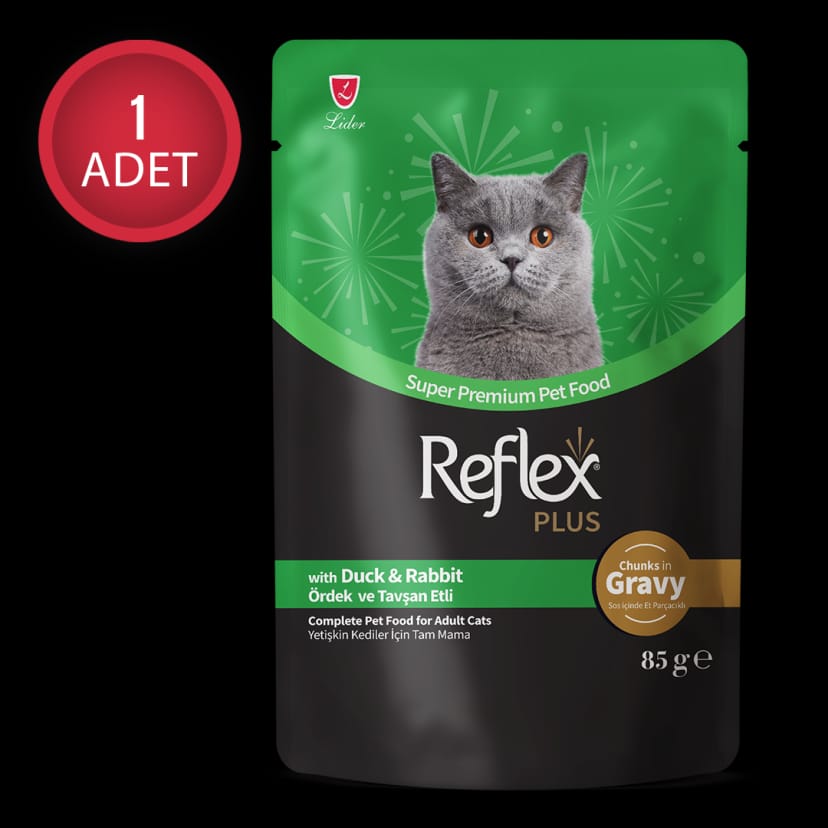 Reflex Plus Sos İçinde Et Parçacıklı Ördekli & Tavşanlı Yetişkin Kedi Maması 85 g