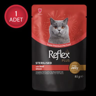 Reflex Plus Jöle İçinde Et Parçacıklı Biftekli Kısırlaştırılmış Yetişkin Kedi Maması 85 g