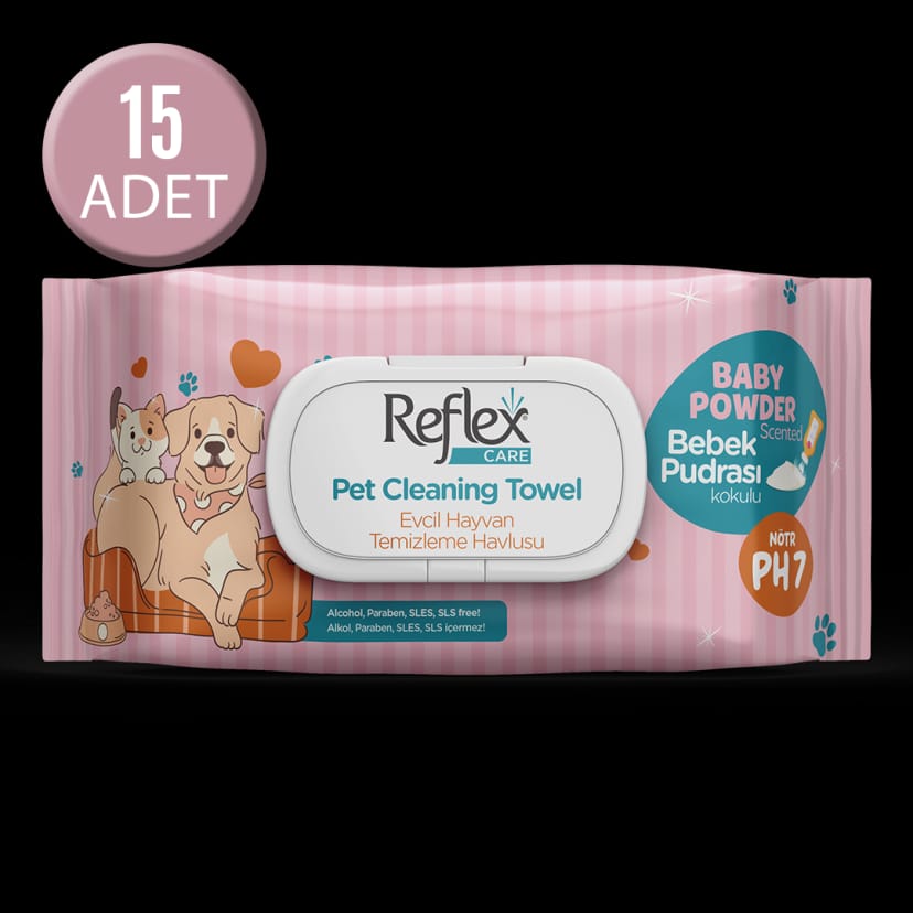 Reflex Care Evcil Hayvanlar İçin Çok Amaçlı Hijyenik Temizleme Havlusu 50’li - Bebek Pudrası Kokulu x 15 Adet