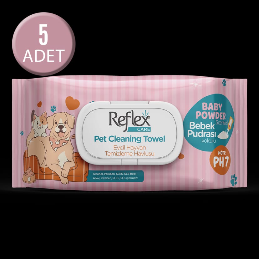 Reflex Care Evcil Hayvanlar İçin Çok Amaçlı Hijyenik Temizleme Havlusu 50’li - Bebek Pudrası Kokulu x 5 Adet