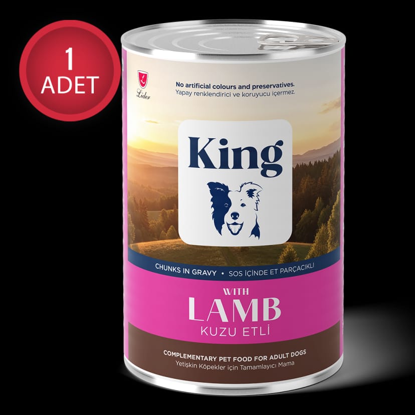  King Sos İçerisinde Et Parçacıklı Kuzu Etli Yetişkin Köpek Konservesi 400 g