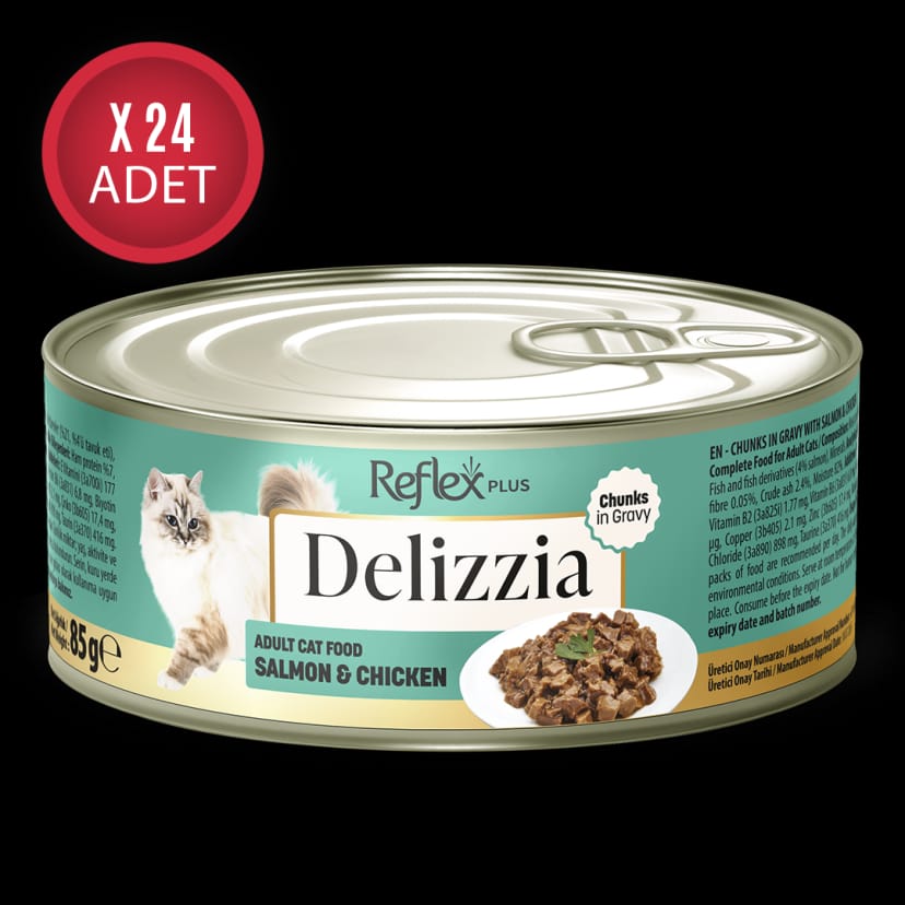 Reflex Plus Delizzia Sos İçinde Parça Etli Somonlu Yetişkin Kedi Maması 85g x 24 Adet
