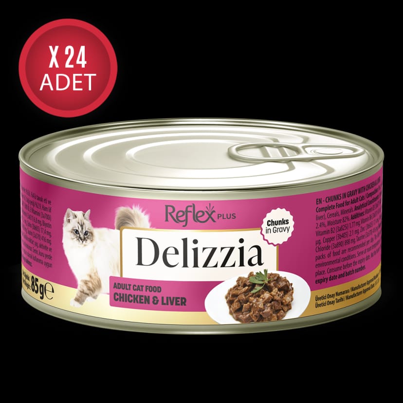 Reflex Plus Delizzia Sos İçinde Parça Etli Tavuklu ve Ciğerli Yetişkin Kedi Maması 85g x 24 Adet