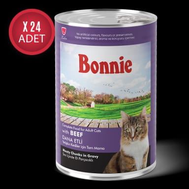 Bonnie Biftekli Sos İçinde Et Parçacıklı Yetişkin Kedi Konserve Yaş Mama 400 Gr x 24 Adet