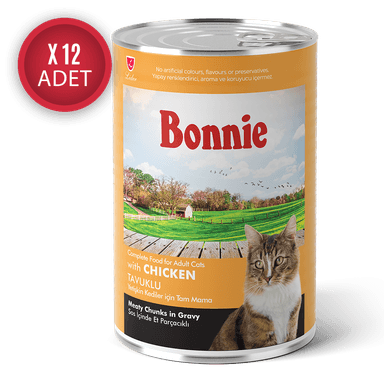 Bonnie Tavuklu Sos İçinde Et Parçacıklı Yetişkin Kedi Konserve Yaş Mama 400 Gr x 12 Adet