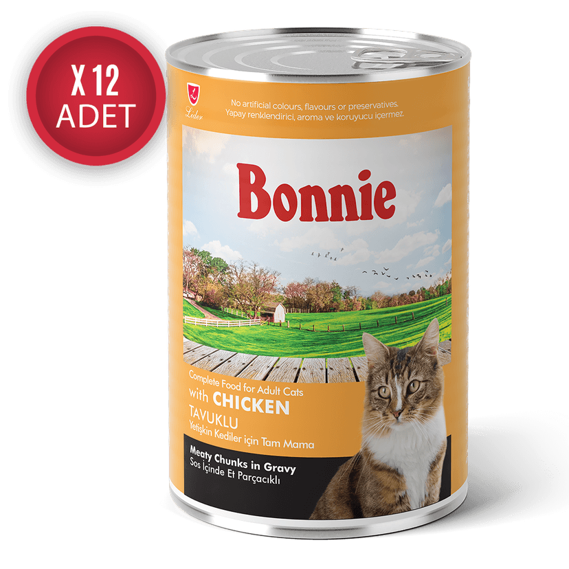Bonnie Tavuklu Sos İçinde Et Parçacıklı Yetişkin Kedi Konserve Yaş Mama 400 Gr x 12 Adet