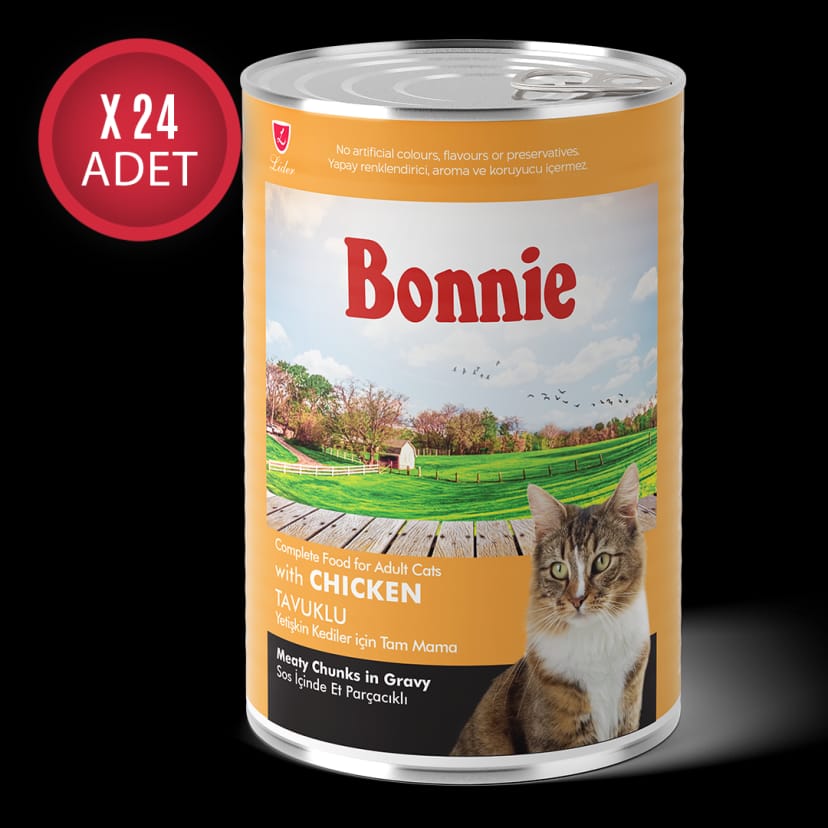 Bonnie Tavuklu Sos İçinde Et Parçacıklı Yetişkin Kedi Konserve Yaş Mama 400 Gr x 24 Adet