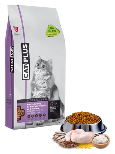 CatPlus Düşük Tahıllı Hipoalerjenik Tavuklu Hamsili Kısırlaştırılmış Kedi Maması 15 Kg