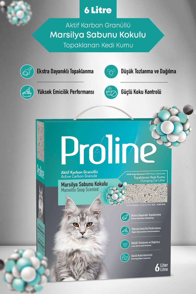 Proline Aktif Karbon Granüllü, Marsilya Sabunu Kokulu Bentonit Kedi Kumu 6 Lt