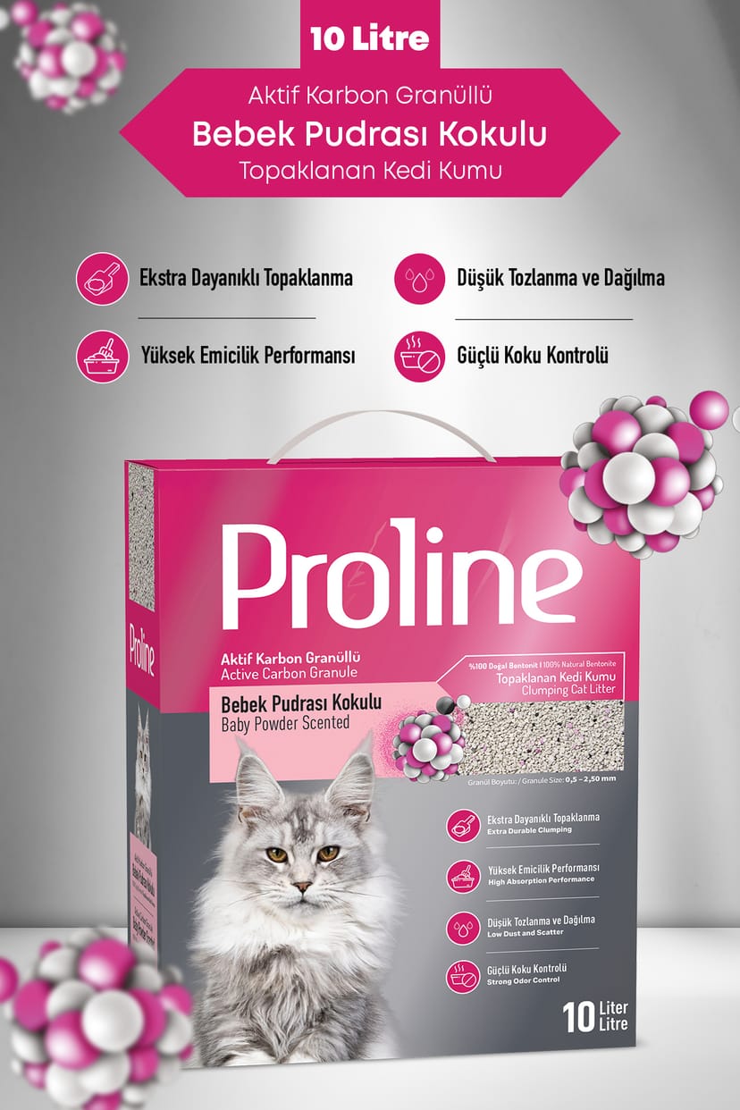 Proline Aktif Karbon Granüllü, Bebek Pudrası Kokulu Bentonit Kedi Kumu 10 Lt