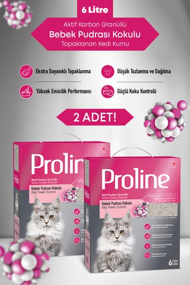 Proline Aktif Karbon Granüllü, Bebek Pudrası Kokulu Bentonit Kedi Kumu 6 Lt x 2 Adet