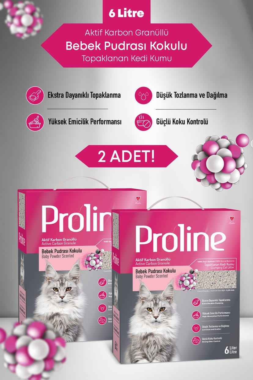 Proline Aktif Karbon Granüllü, Bebek Pudrası Kokulu Bentonit Kedi Kumu 6 Lt x Adet