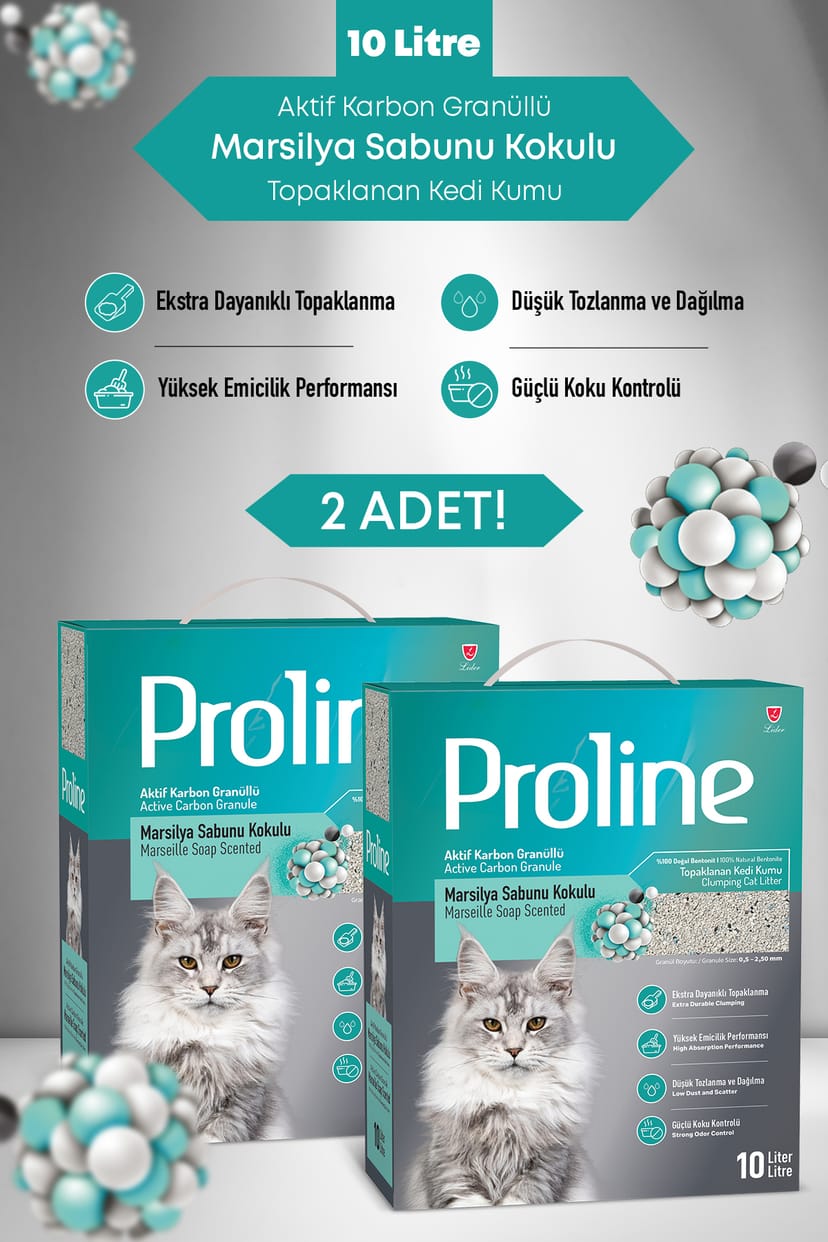 Proline Aktif Karbon Granüllü, Marsilya Sabunu Kokulu Bentonit Kedi Kumu 10 Lt x 2 Adet