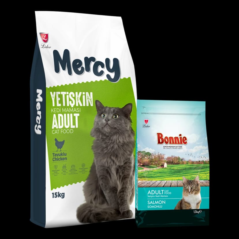 Mercy Tavuklu Yetişkin Kedi Maması 15 Kg + Bonnie Somonlu Yetişkin Kedi Maması 1,5 Kg