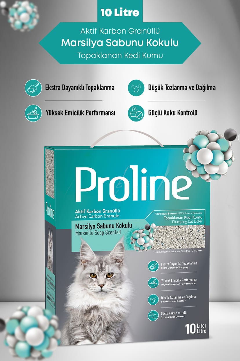 Proline Aktif Karbon Granüllü, Marsilya Sabunu Kokulu Bentonit Kedi Kumu 10 Lt