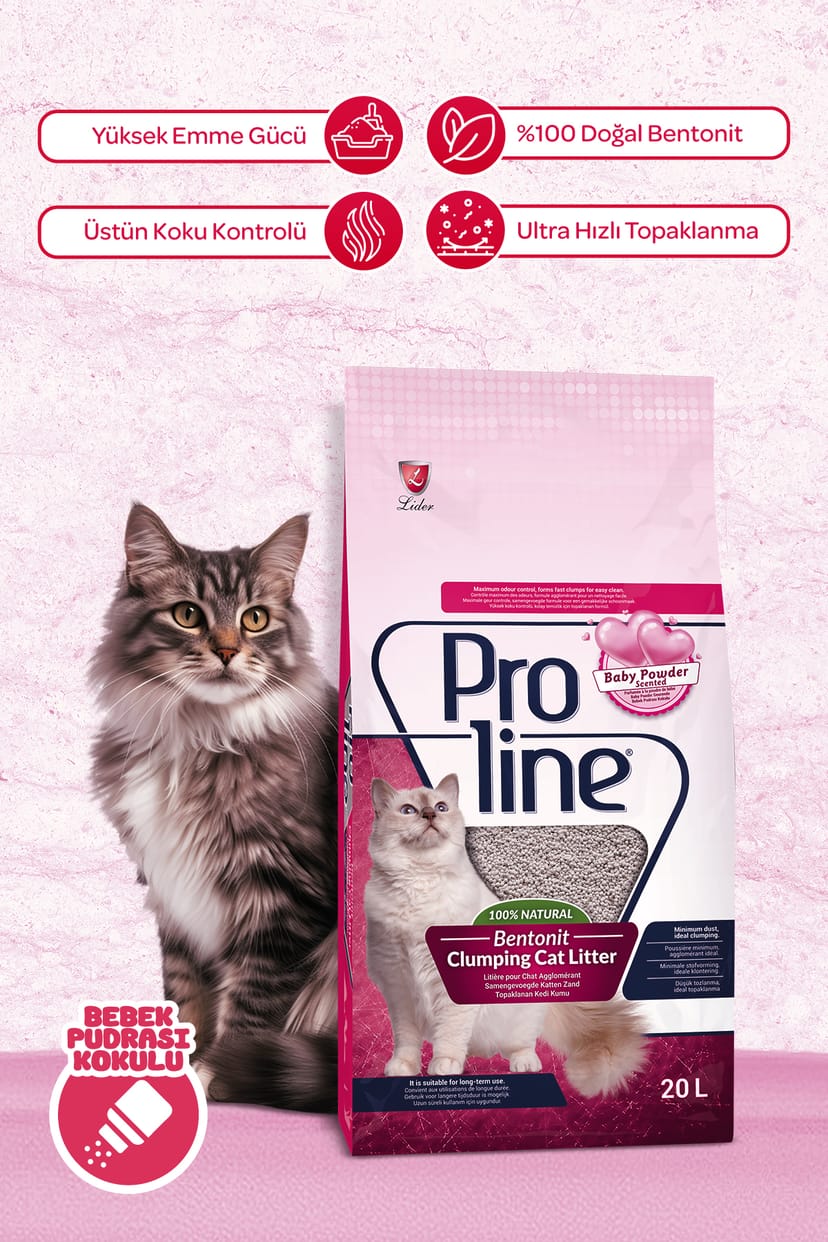 Proline Topaklanan İnce Taneli Bebek Pudrası Kokulu Bentonit Kedi Kumu 20 Lt