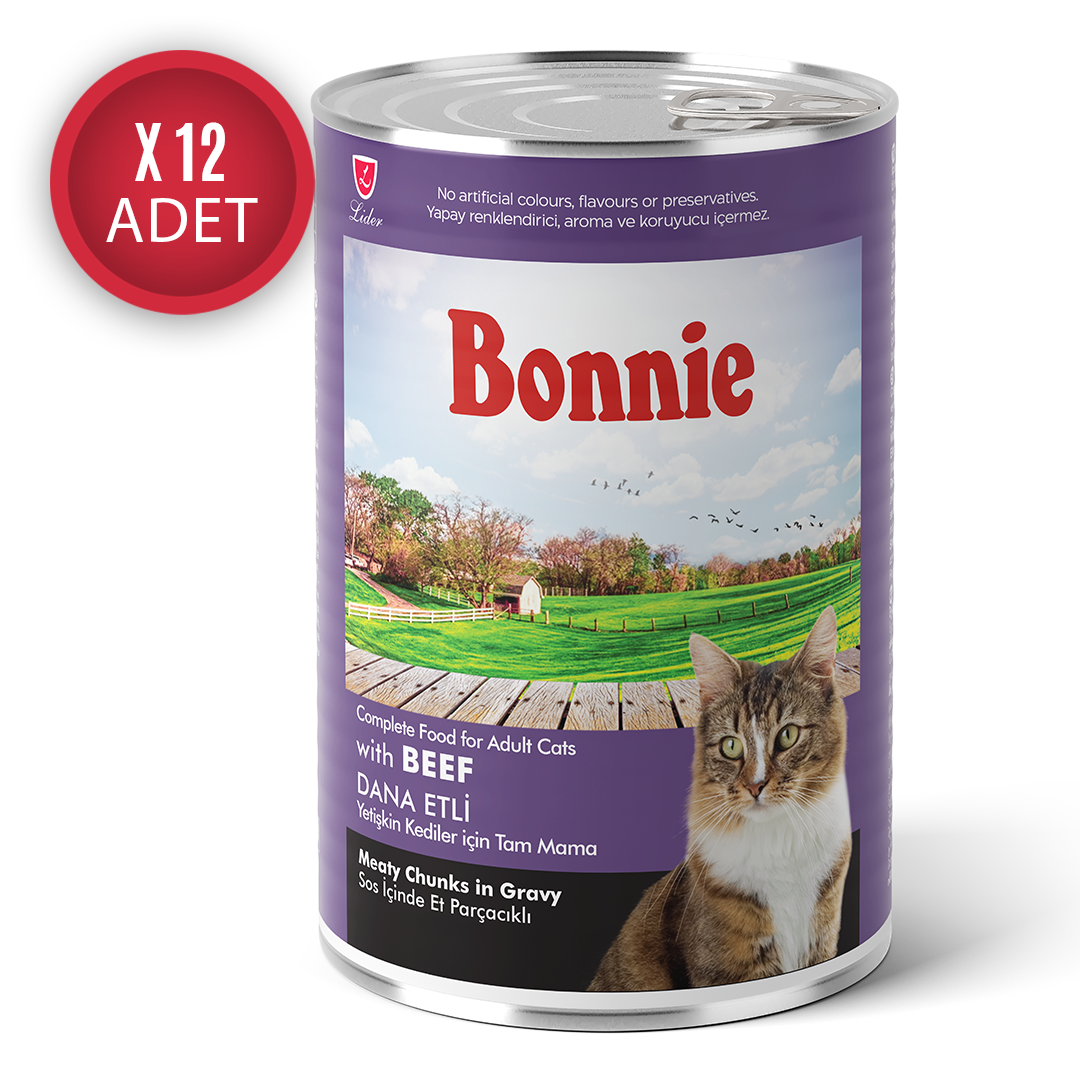 Bonnie Biftekli Sos İçinde Et Parçacıklı Yetişkin Kedi Konserve Yaş Mama 400 Gr x 12 Adet