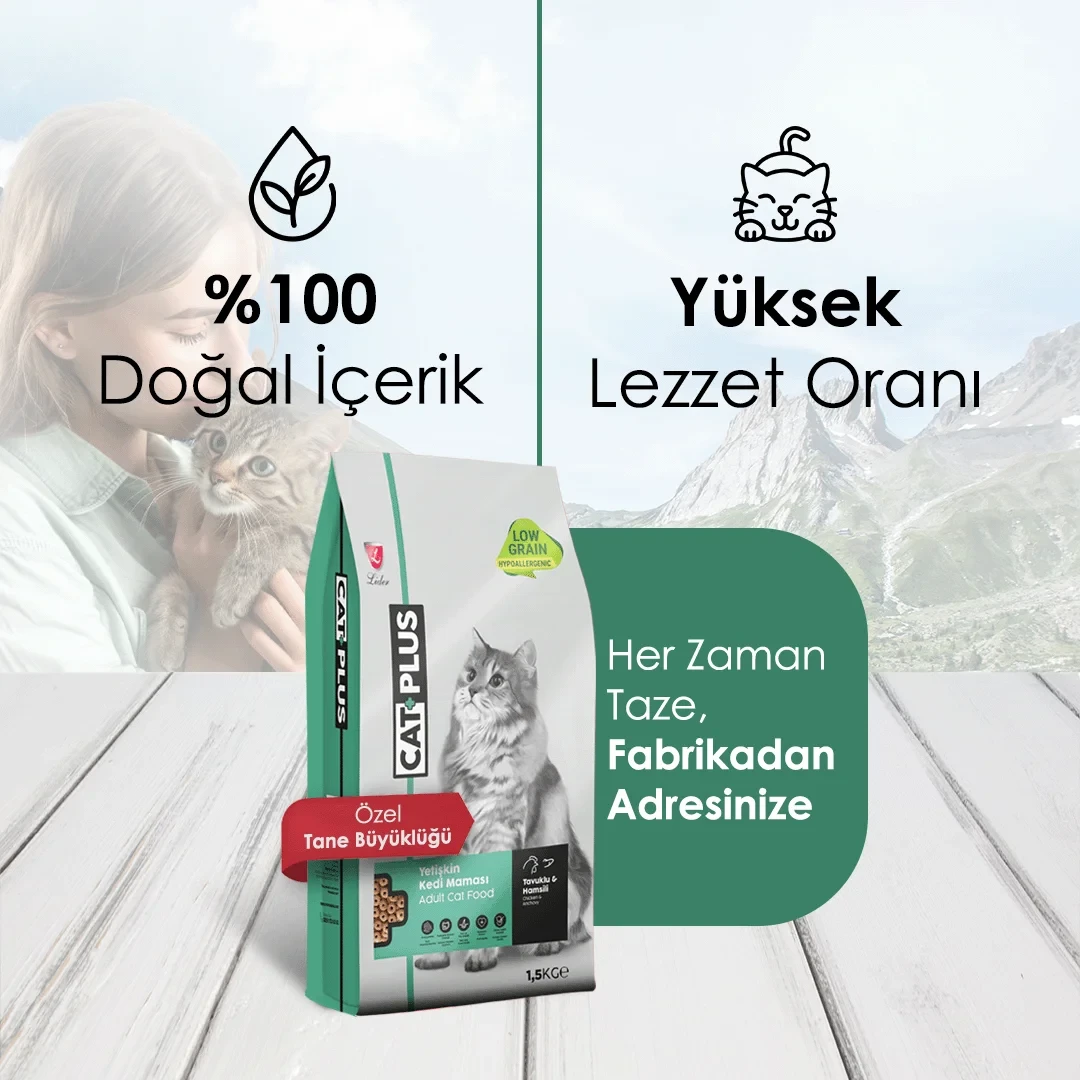 CatPlus Düşük Tahıllı Hipoalerjenik Tavuklu Hamsili Yetişkin Kedi Maması 1,5 Kg – 3. görsel