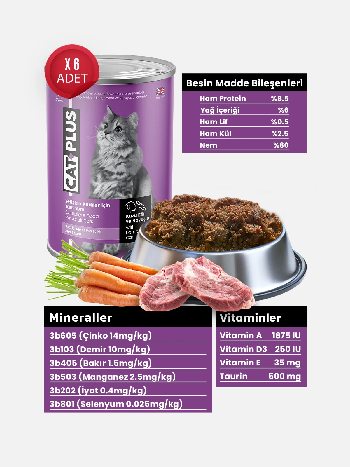 CatPlus Pate Kuzu Etli ve Havuçlu Yetişkin Kedi Konserve Yaş Mama 395 Gr x 6 Adet – 2. görsel