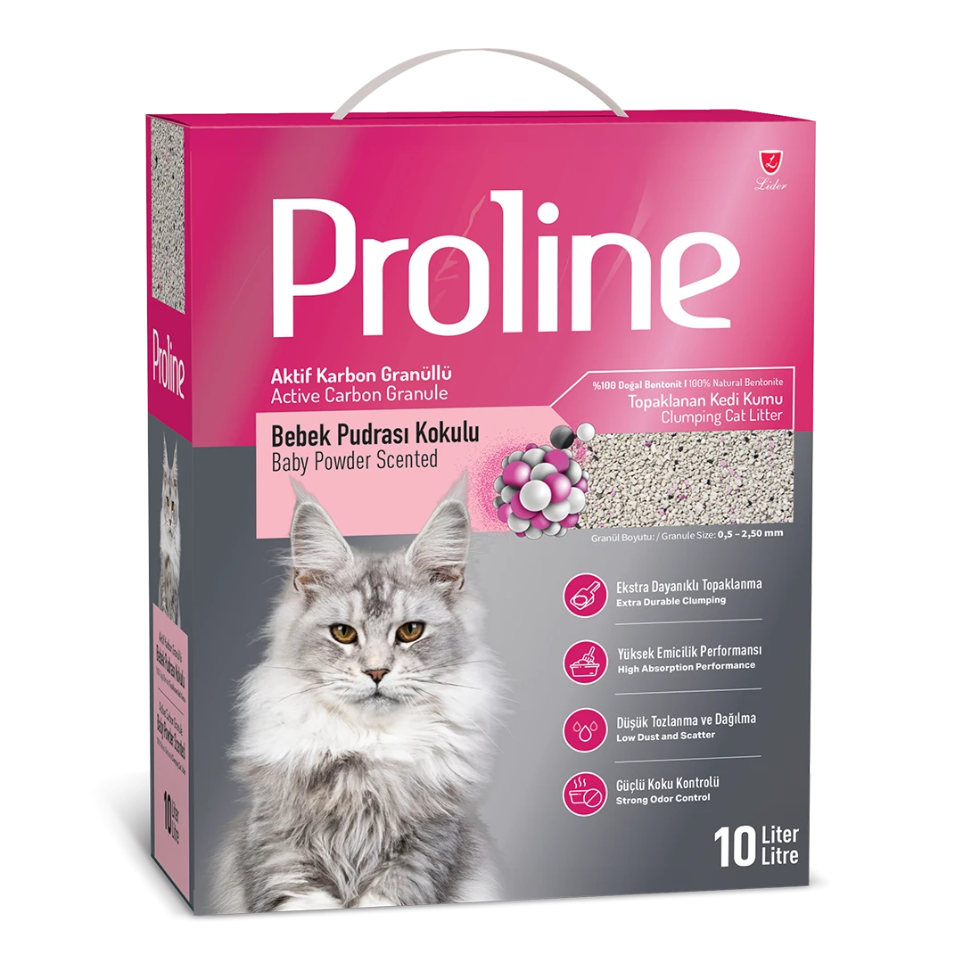 Proline Aktif Karbon Granüllü, Bebek Pudrası Kokulu Bentonit Kedi Kumu 10 Lt
