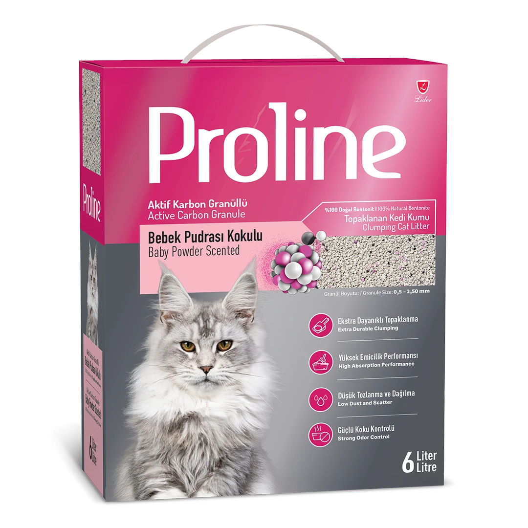 Proline Aktif Karbon Granüllü, Bebek Pudrası Kokulu Bentonit Kedi Kumu 6 Lt