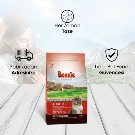 Bonnie Renkli Taneli Sığır Etli Yetişkin Kedi Maması 1,5 Kg x 2 Adet