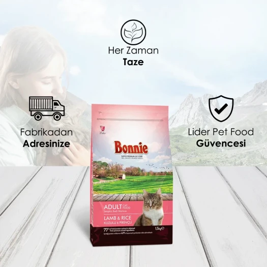 Bonnie Kuzu Etli Pirinçli Yetişkin Kedi Maması 1.5 Kg x 2 Adet