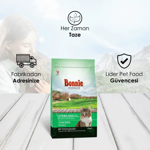 Bonnie Kısırlaştırılmış Tavuklu Kedi Maması 1,5 Kg x 2 Adet