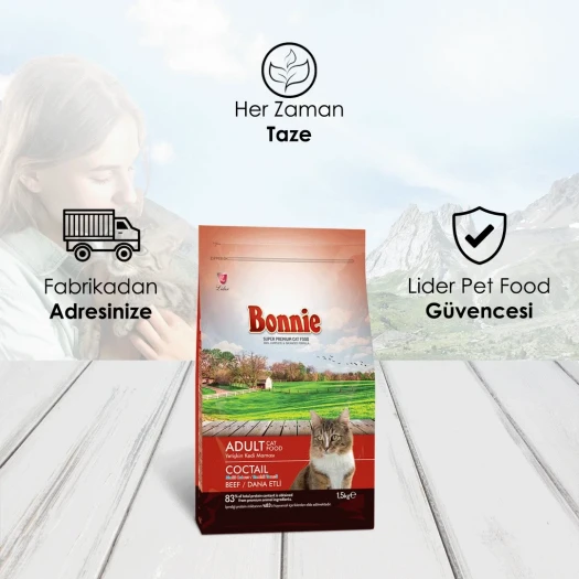 Bonnie Renkli Taneli Sığır Etli Yetişkin Kedi Maması 1,5 Kg x 2 Adet